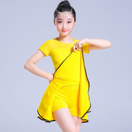 Kids latin dance dresses black pink yellow competition stage performance rumba salsa chacha dance dresses